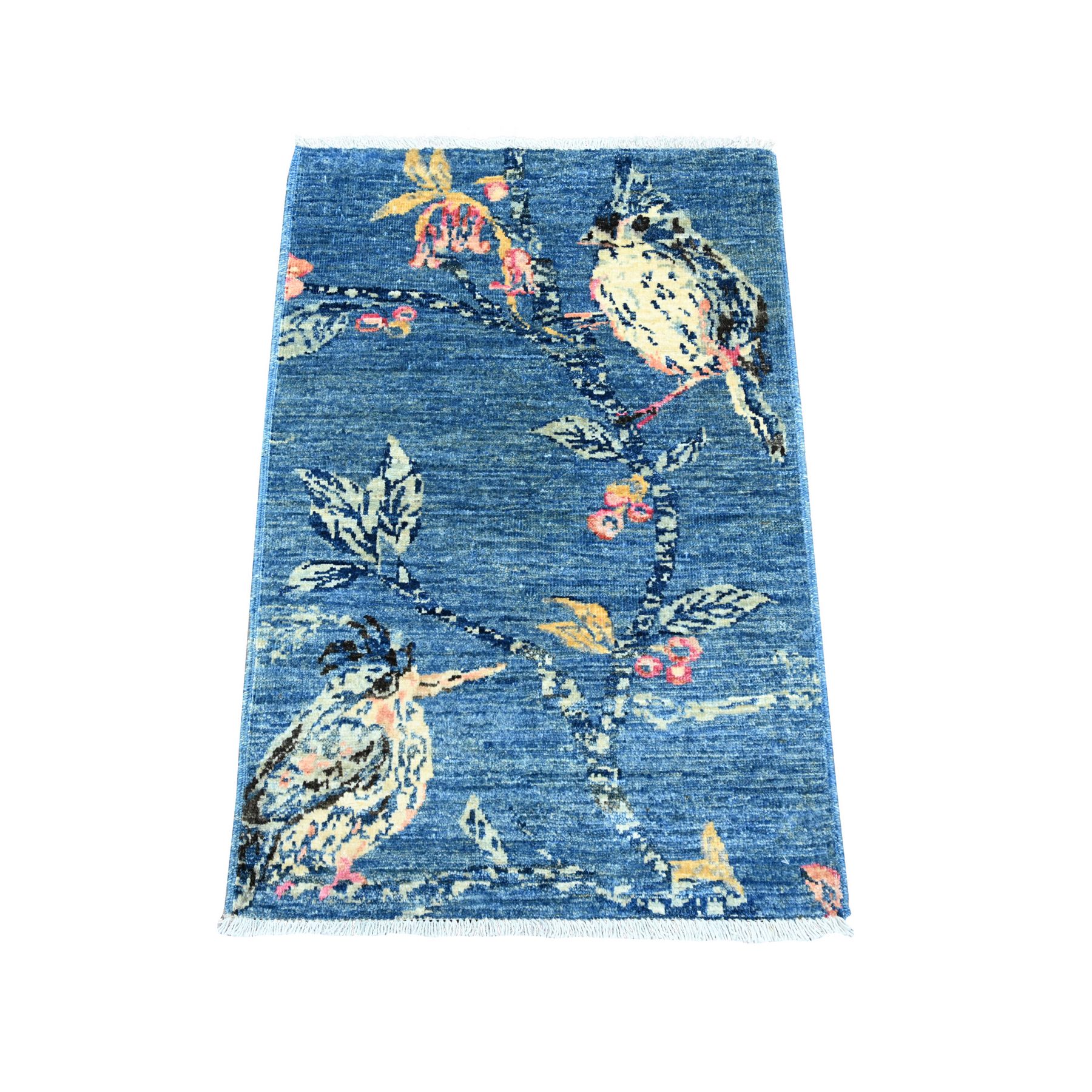 2'x2'10" Yale Blue, Sparrows on the Tree, Peshawar, Pure Wool, Soft Pile, Finely Hand Knotted, Sample, Mat, Oriental Rug 